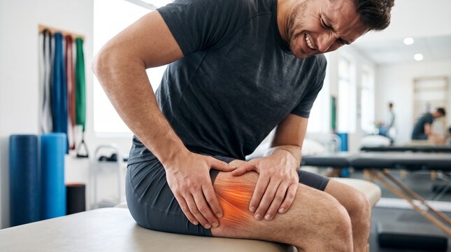 Man clutching painful thigh muscle injury in gym.