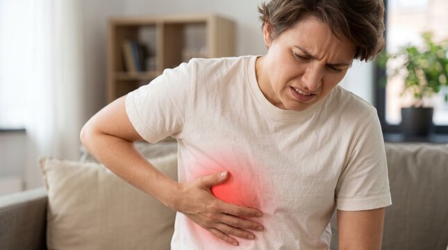 Middle aged woman suffering from severe liver or stomach pain at home.