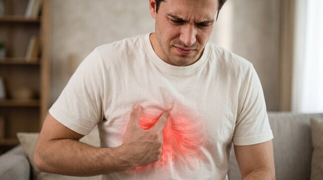Man experiencing sudden chest pain and heart attack symptoms at home.