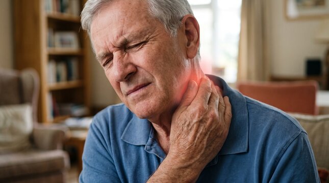 Senior Man Suffering From Chronic Neck Pain At Home.