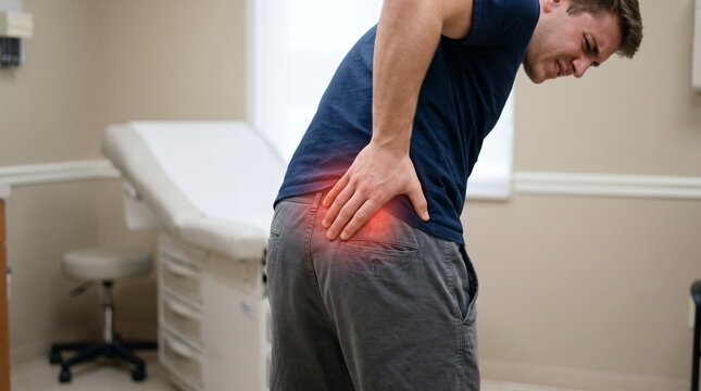 Young man suffering from hip and lower back pain in medical exam room.