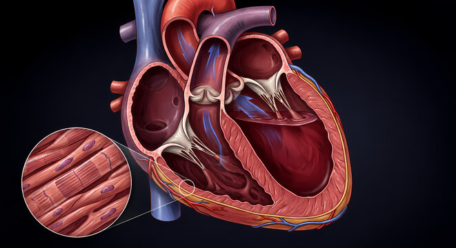 Human Heart Cross Section Anatomy with Microscopic View of Cardiac Muscle Tissue