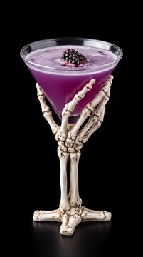 Purple halloween cocktail served in a skeleton hand glass