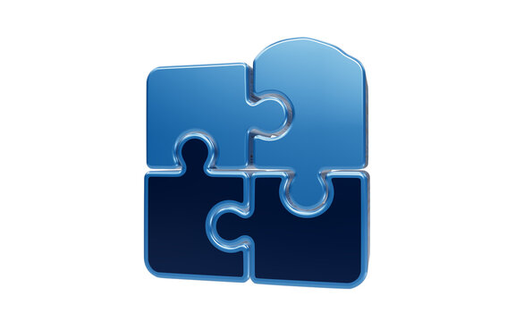 Glossy blue four puzzle pieces connected icon isolated on transparent background for integration concepts