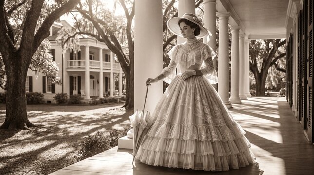 Elegant Woman in Vintage Victorian Gown Standing on a Classic Southern Plantation Porch in Sepia Tone