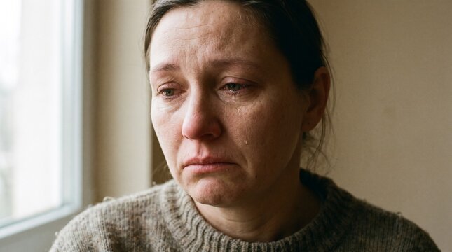 Heartbroken Woman Crying with Tears in Her Eyes Expressing Deep Sadness and Grief