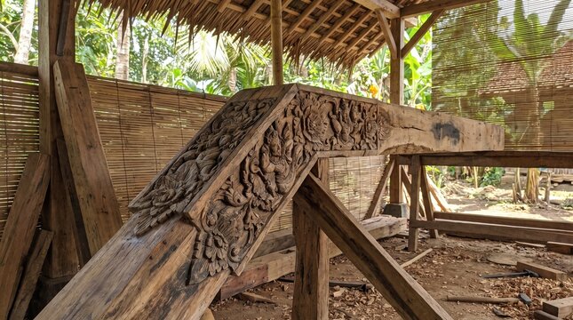 Detailed Traditional Indonesian Wooden Architecture Featuring Intricately Carved Beams in an Outdoor Pavilion Setting