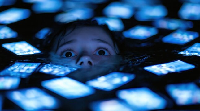 Child drowning in digital technology addiction with glowing smartphone screen overload causing social media anxiety