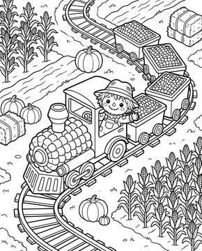 Kids Nutrition and Healthy Eating Worksheet Whimsical Farm Train with Scarecrow Coloring Page Isometric Healthy Food Coloring Activity  3D Food Learning Coloring Pages for Preschoolers   