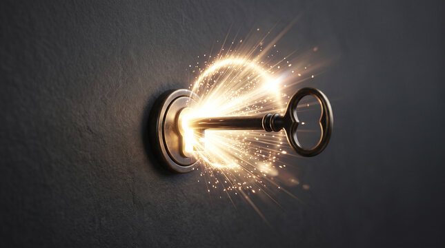 Glowing Key Unlocking Keyhole with Bright Spark of Energy and Illuminating Idea Concept