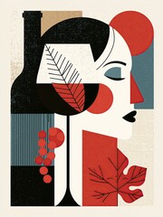 Obraz premium Abstract wine poster featuring a stylized woman profile with a bottle and glass