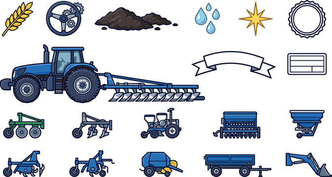  Industrial Blue Tractor Agricultural Machinery Vector Asset Sheet Featuring Field Plough, Seed Drill, Round Baler, Soil Tiller, and Grain Icons