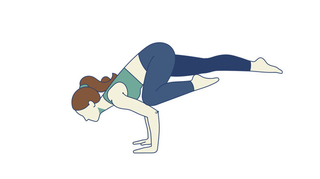 Woman performing a crow yoga pose balance exercise illustration.