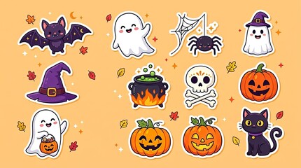 Fototapeta premium A delightful collection of classic halloween imagery featuring spooky ghosts bats pumpkins and a black cat perfect for festive decorations