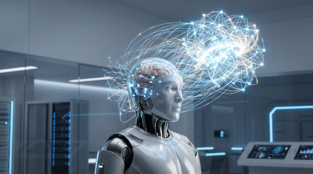 Humanoid robot contemplating a glowing neural network and digital thought cloud in a futuristic server room