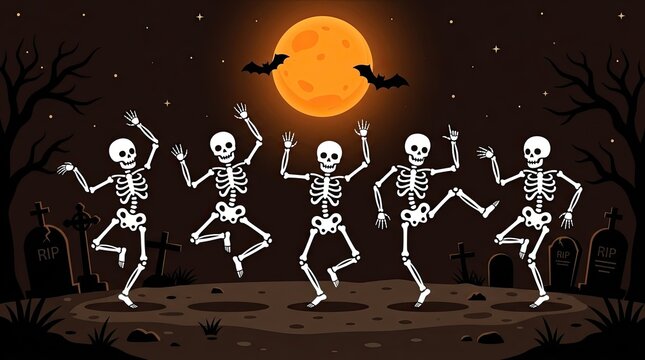 A spirited halloween night scene featuring five dancing skeletons illuminated by a bright full moon and silhouetted trees