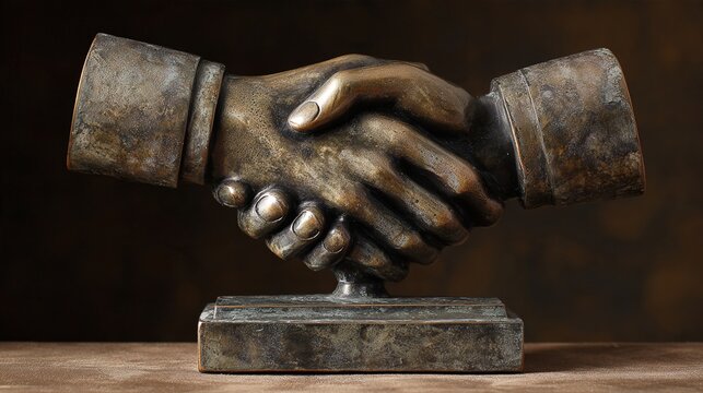 accord. Bronze handshake sculpture on a plain base, symbolizing diplomacy. event programs, museum guides, designed for cultural heritage projects and event programs, elevates cultural identity.