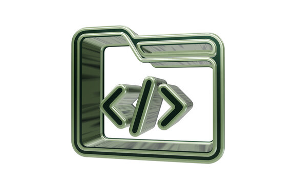 Software folder with programming code brackets 3d icon in metallic green isolated on transparent background
