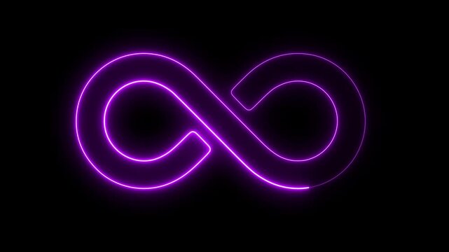 Glowing purple infinity symbol neon sign animation on black background