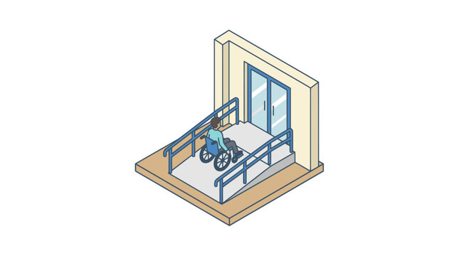 Clean Isometric of Person in Wheelchair Using Accessible Ramp with Handrails into Building with high quality professional line art symbols for modern creative design and digital branding projects