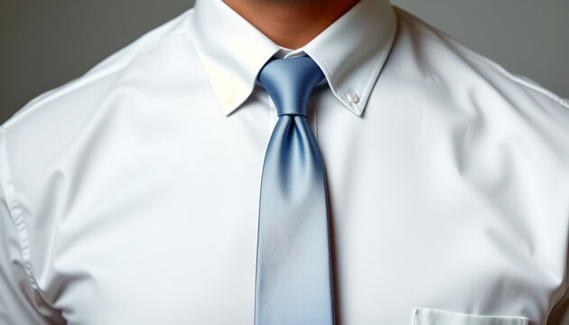 The image focuses on a person wearing a light blue tie with a patterned shirt. The necktie is draped loosely around the individual's neck, partially unbuttoned from the collar