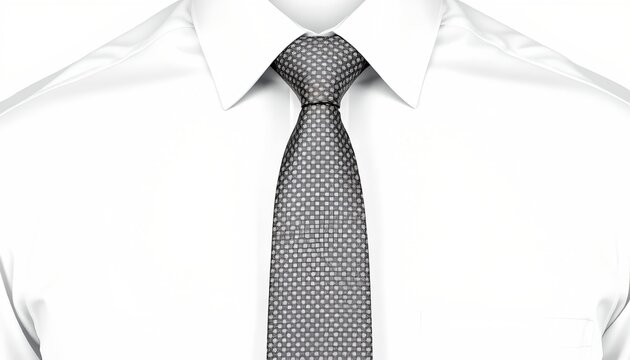 A full length, formal dress shirt displayed against a neutral backdrop. The shirt features a patterned tie with diagonal stripes and a classic button down collar.