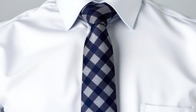 A person wearing a tie with a pattern that includes a checkered design reminiscent of plaid, paired with a white shirt