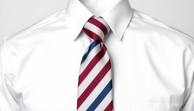 A white dress shirt with an open collar and a red, white, and blue striped tie hanging from the neck.