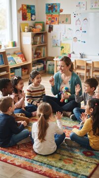 Teacher leading a circle time activity with young children in a classroom