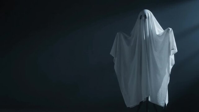 Scary ghost costume draped in a white sheet standing in a dark room with dramatic moody spotlight illumination for Halloween horror themes
