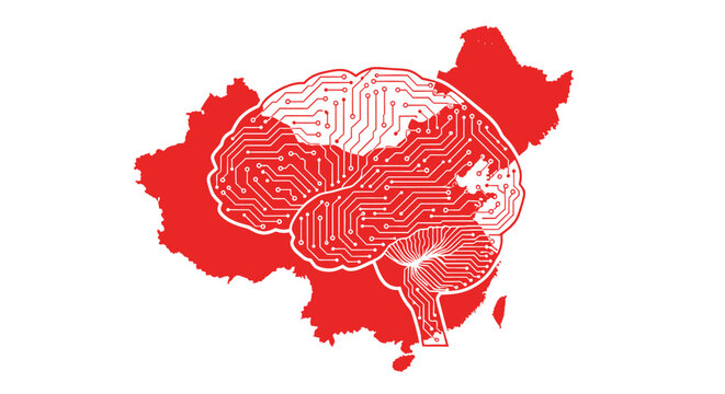 A red map of China with a white circuit board brain overlaying it, symbolizing technology and intelligence.