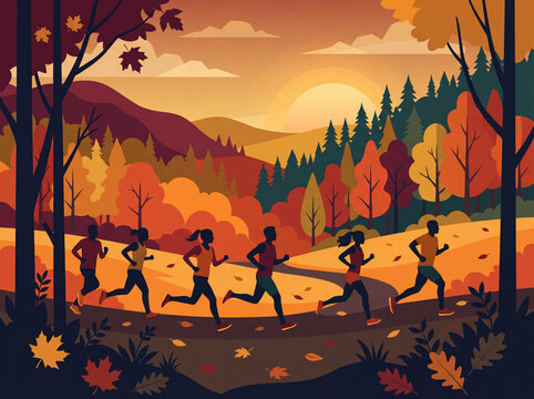 Group of Diverse People Jogging Through a Vibrant Autumn Forest at Sunset in a Flat Vector Style Illustration