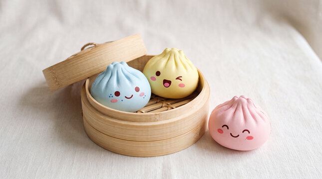 Cute kawaii dim sum squishy toys with happy faces in a traditional bamboo steamer basket, pastel colored baozi dumplings character concept.