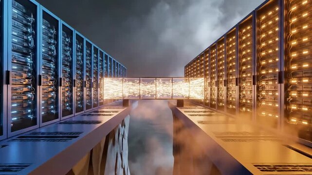 Conceptual data center servers on cliffs with light bridge