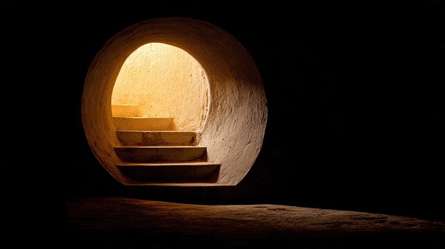 cavern. Round stone tunnel entrance with warm light glowing from within. real-estate listings, architecture portfolios, designed for interior renovation comparisons for interiors.