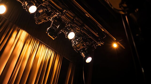 counterweight. Theater stage ceiling with pulley and counterweight system under dim light. real-estate listings.