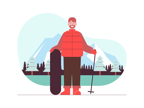 A smiling man is holding a snowboard and a ski pole. Swiss illustrations. Flat vector concepts.