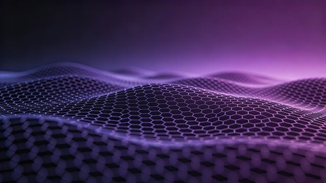 3D Hexagonal Grid Wave Background, Purple Glowing Data Network, Tech Abstract Texture for Artificial Intelligence and Blockchain Design