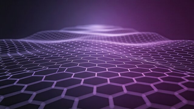 3D Hexagonal Grid Wave Background, Purple Glowing Data Network, Tech Abstract Texture for Artificial Intelligence and Blockchain Design