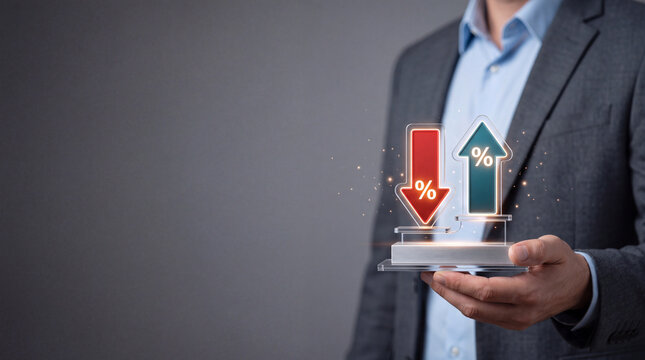 Businessman Holding Glowing Holographic Arrows with Percentage Signs Symbolizing Financial Interest Rate Fluctuations, Economic Inflation or Deflation, and Stock Market Investment Growth Concepts