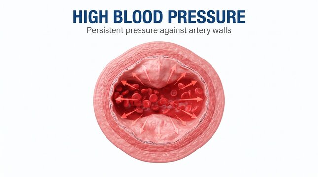Medical Illustration Of High Blood Pressure Showing Narrowed Artery With Blood Flow And Pressure