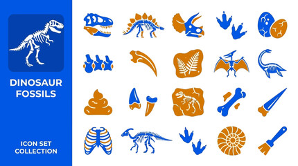Educational dinosaur fossils icon set with skeletons and footprints © Lucky Cat