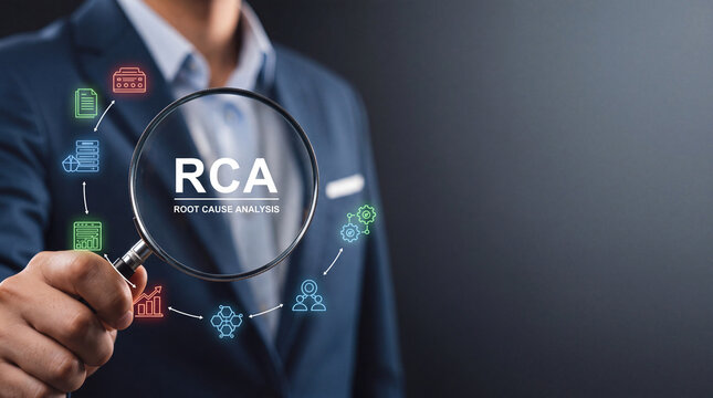 Businessman analyzing problem solving with Root Cause Analysis RCA methodology through magnifying glass with digital business process icons on dark background for corporate strategy and planning