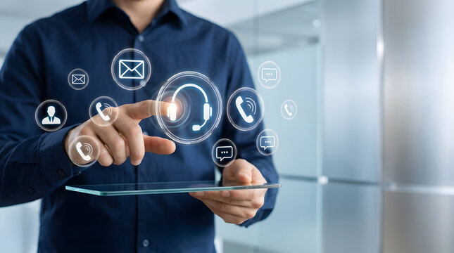Conceptual image of a customer support professional interacting with futuristic digital communication icons and a holographic headset on a transparent glass tablet in a modern office environment.