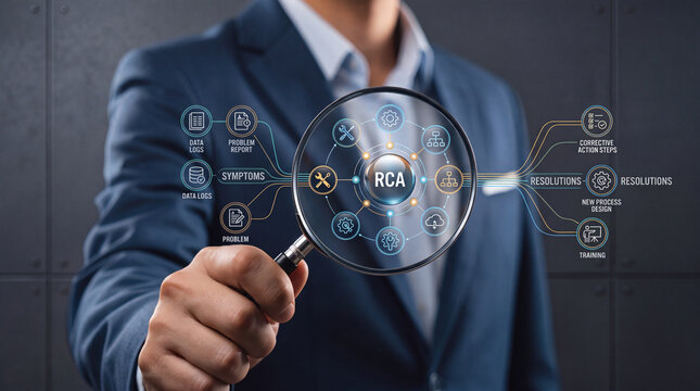 Businessman using a magnifying glass to perform Root Cause Analysis (RCA) to identify problems, symptoms, and data logs while developing corrective action steps and resolutions for business.