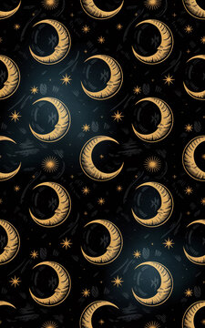 Seamless pattern of vintage gold crescent moons and stars on a dark textured background