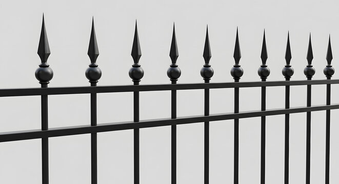 Strong black metal fence spikes displayed on a plain white background