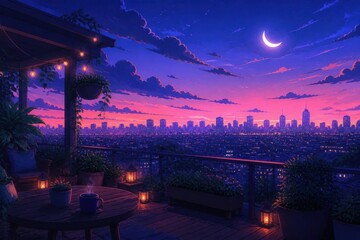 Obraz premium Moonlit rooftop terrace overlooking vibrant city skyline at dusk