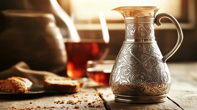 flagon. Engraved silver flagon on a rustic wooden table with spilled wine and soft lighting. bar promotions, beverage menus, designed for product packaging and bar promotions, used by clinicians.