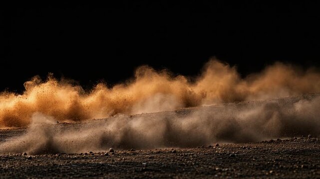 Two Parallel Dust Trails Rolling Across Rocky Ground on Black Background